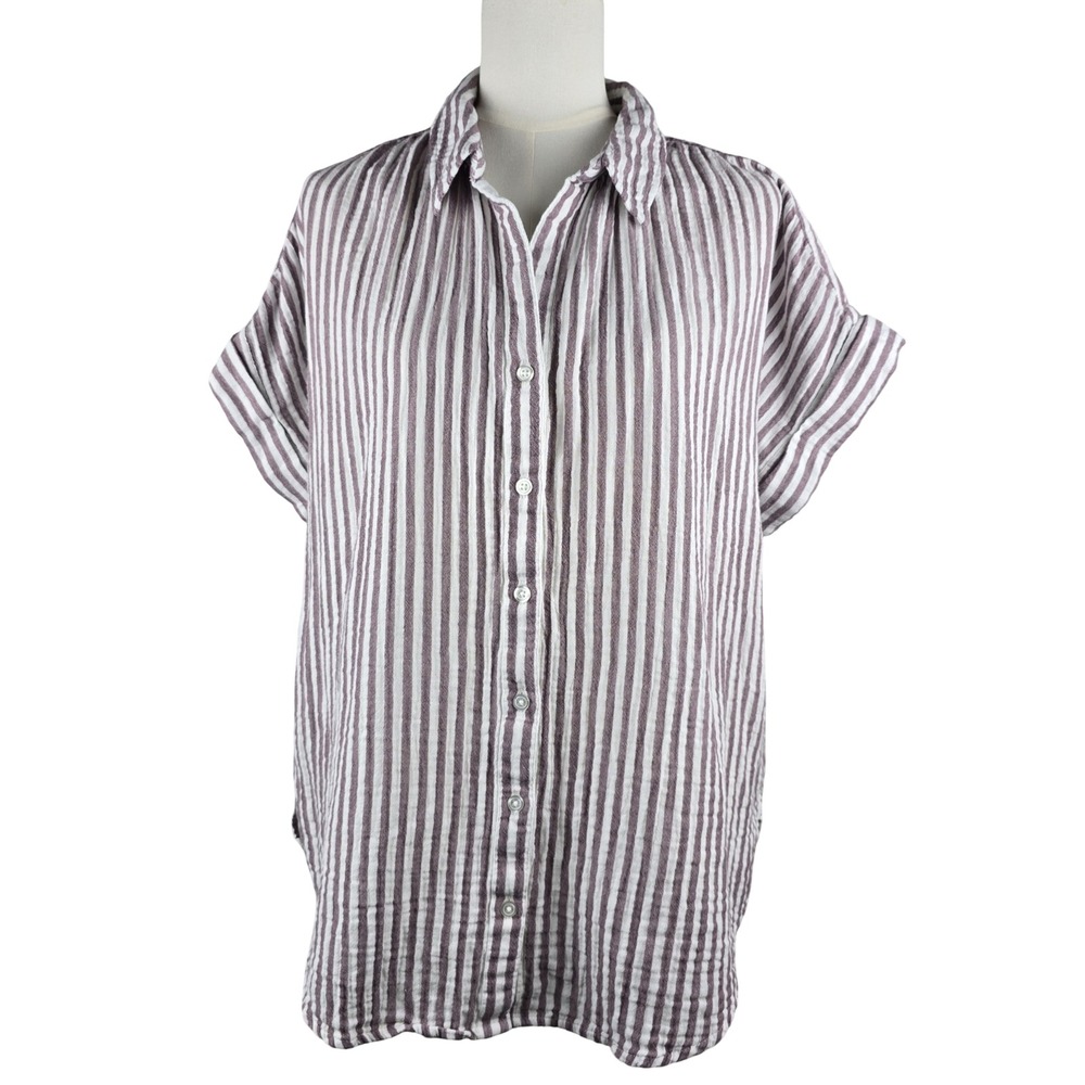 Caslon Button Front Shirt Womens XL Brown White Striped Cotton Short Sleeve Top